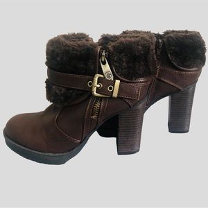 Guess Faux Fur Trimmed Ankle Booties in Dark Brown, Leather Sole, Size 6.5